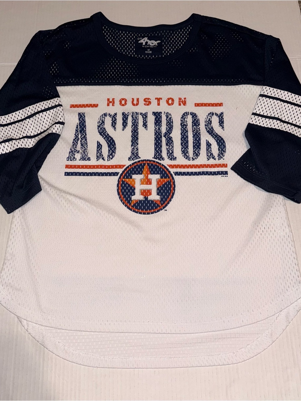 MLB Houston Astros White and Navy Mesh Jersey Top with Orange Accent